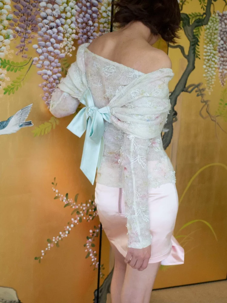 

M4onn adient Color Blo 3D Embroidery Woolen Slim Fit Knitted Sweater One oulder Design Original Commute Sle Women's F...