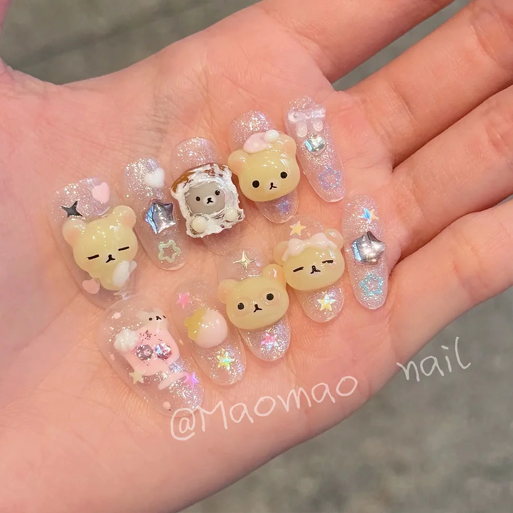 Cute Cartoon Bear Rilakkuma Dot Star Glitter Press-On Nails Heart Flower Musical Note Bow Ellipse Fake Nail Party Accessories view 2