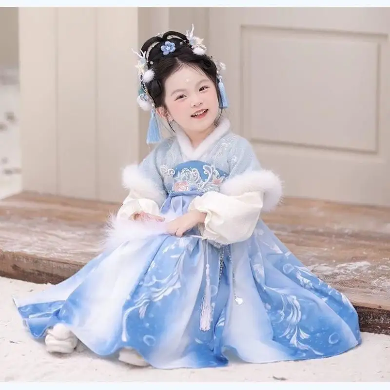 

Winter Warm Quilted Dress With Cloak 2025 New Baby Girls Ancient Fairy Princess Perform Costume Children New Year Outfit