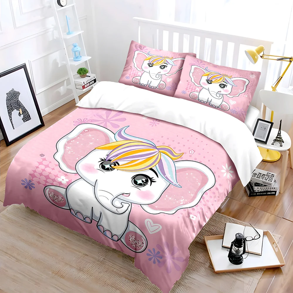 Adorable elephant with pink background Bedding Set for Kids Luxury Gift 3pcs Digital Print Comforter Set Soft Comfortable