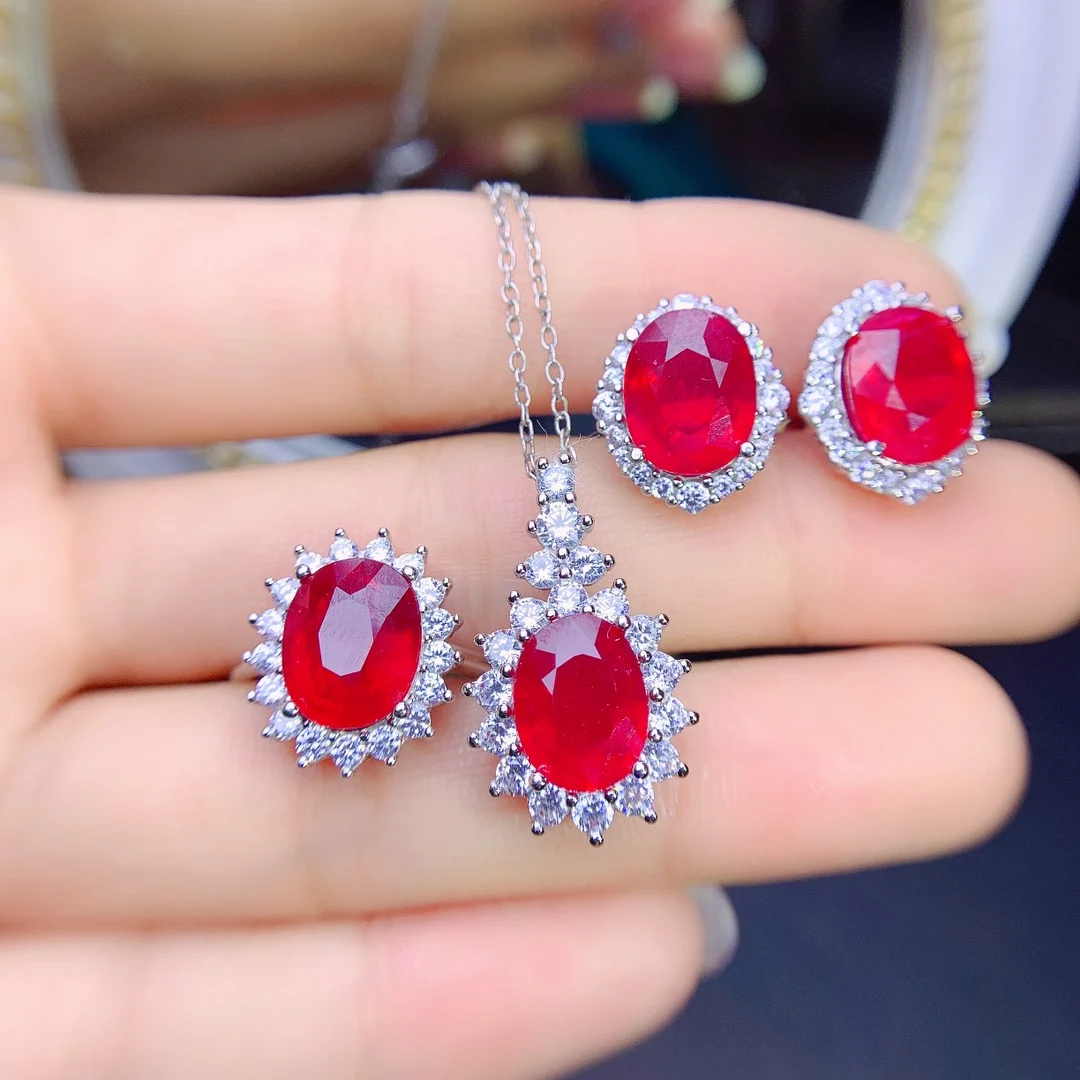 

Ladies Sterling Silver 925 Jewelry Wholesale Natural Ruby Jewelry Set free shipping Christmas Necklace Elegant Ladies set fine