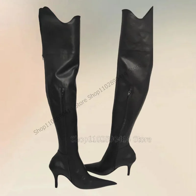 

Black Matte Leather Thigh High Pointed Toe Boots Side Zipper Women Shoes Thin High Heels Fashion Party 2025 Zapatos Para Mujere