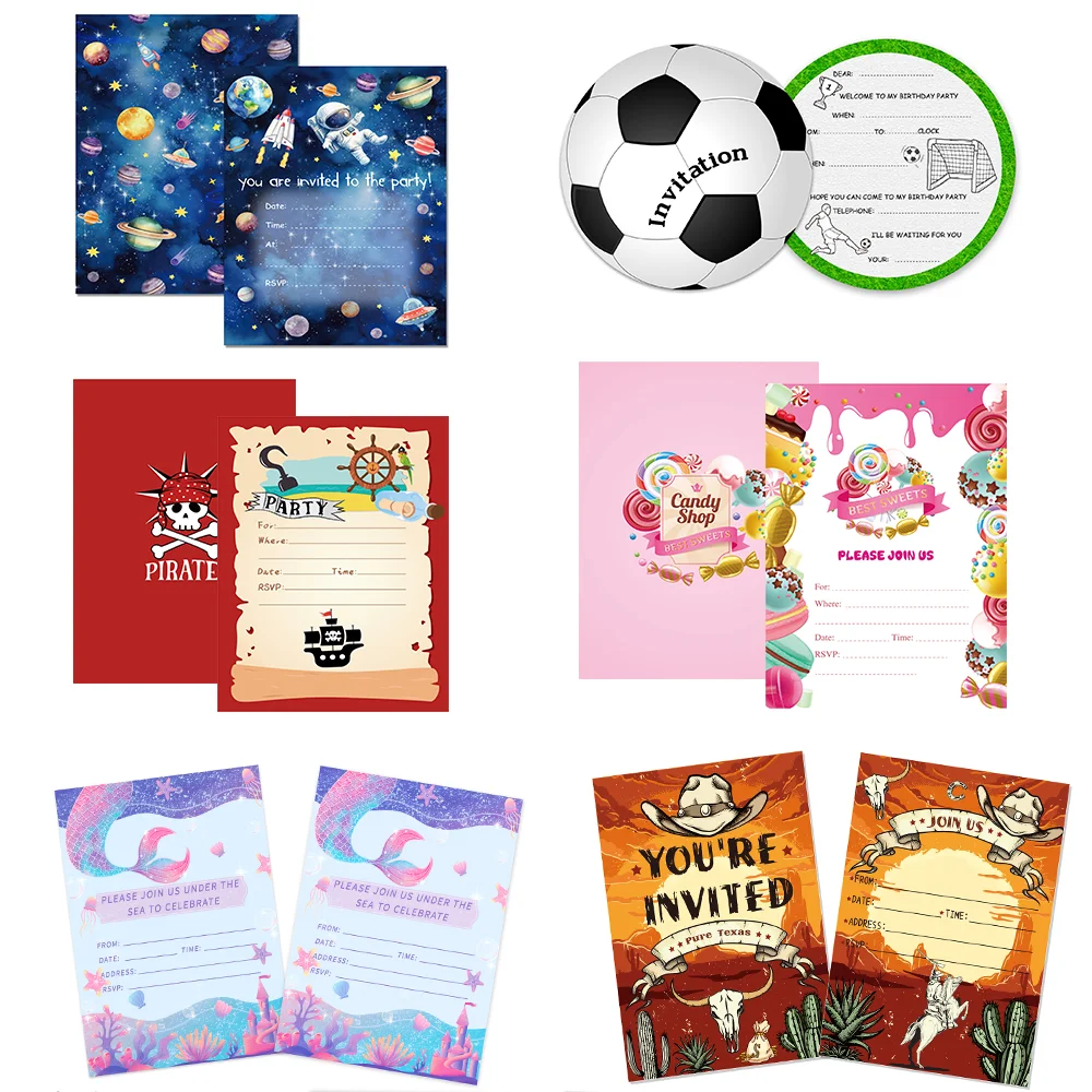 Tarjetas de invitación de sirena del espacio exterior de vaquero de fútbol, tarjetas de felicitación invetadas para cumpleaños, suministros para fiesta de Baby Shower, 20/10 Uds.