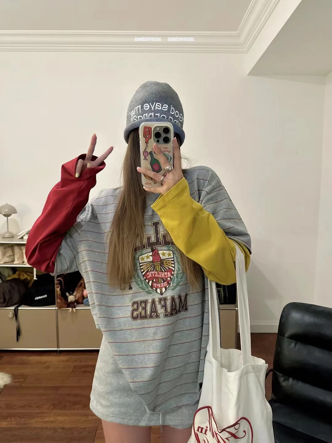 

CHICYAN Американская ретро-футболка с буквенным принтом, цветными блоками и длинными рукавами, свободный повседневный топ, креативный, влагоотводящий, весенняя мода