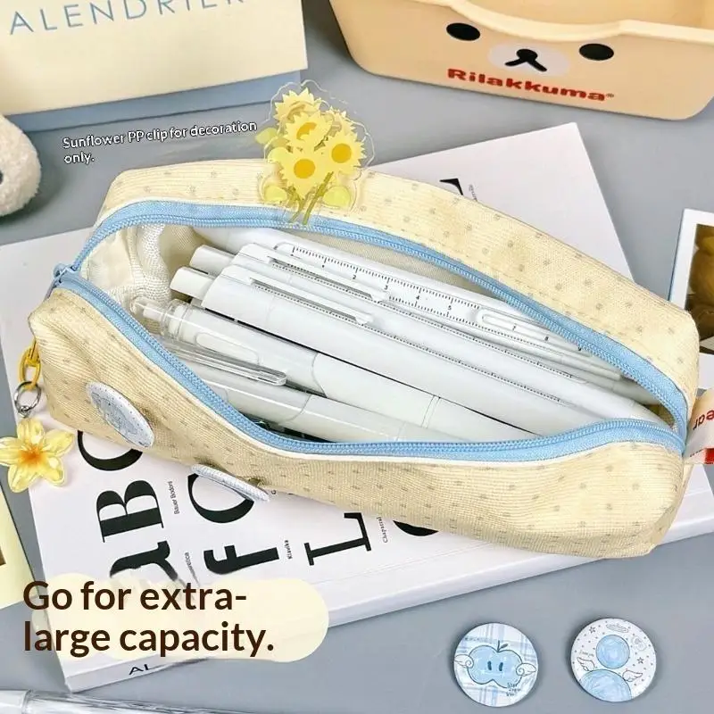 Kawaii Cream Yellow Polka Dot Pencil Case For Students Stationery Storage