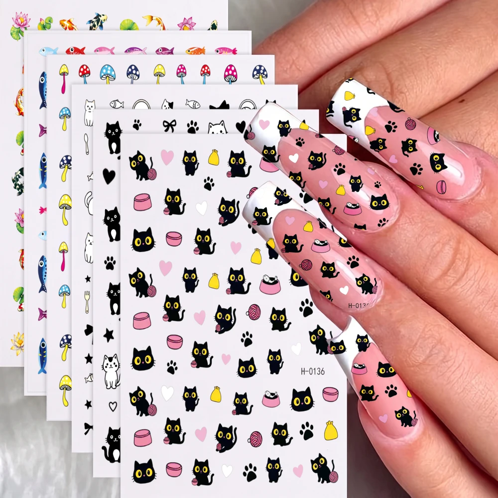 6pcs 3D Cute Cartoon Cat Nail Art Stickers Black Cat & White Cat Pattern Nail Decals Colorful Mushroom & Koi Fish Nail Supplies*