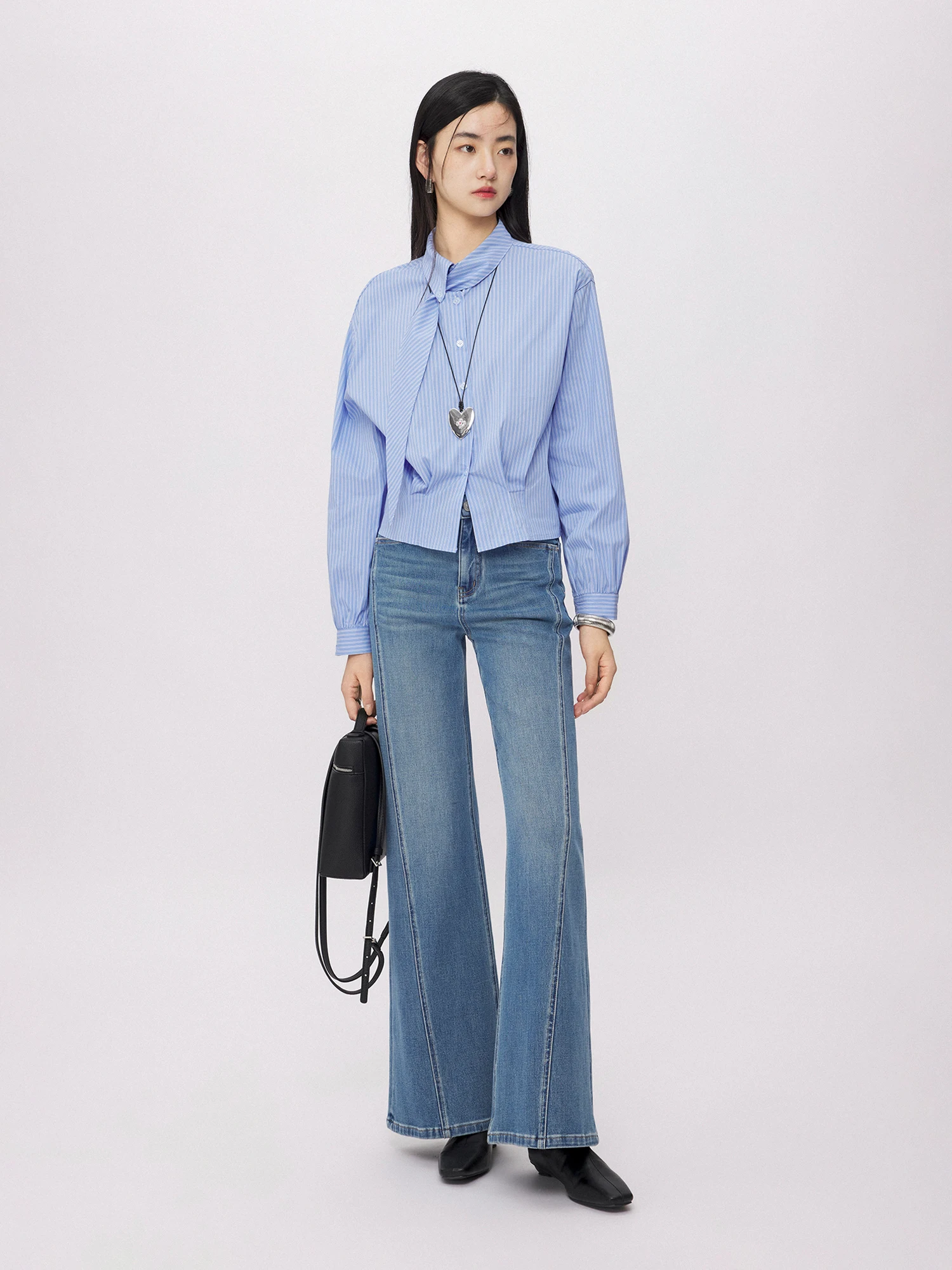 

CLMX00 Cotton Material Original Fiber Touch Long Sve irt Pleated Hem Bow Tie Stand Collar Breathable Comfortable Women'...