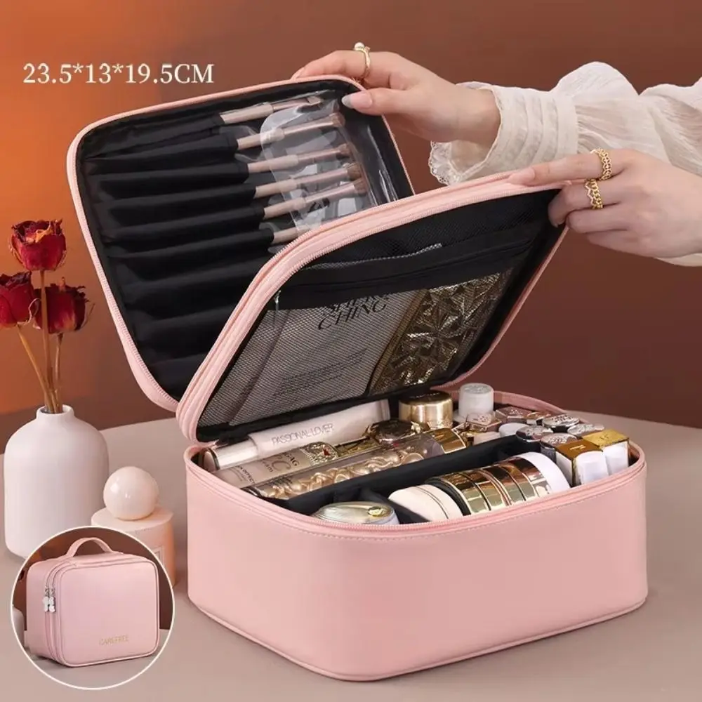 Double-Layer Portable Cosmetic Bag PU Leather Large Capacity Travel Toiletry Pouch Detachable Dividers Waterproof