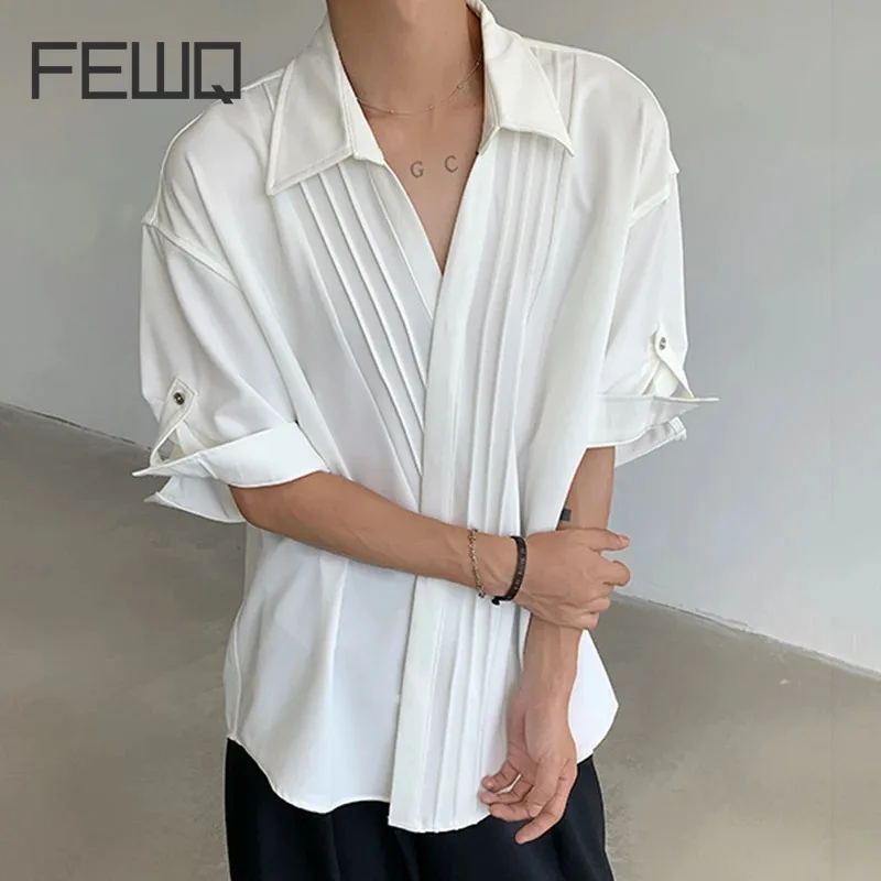 

FEWQ Men Shirt Design Short Sleeved Pleated Turn-down Collar Solid Color Casual Korea Fashion Male Tops Loose 24E1788