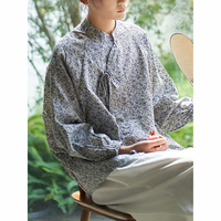 New Arrival Spring Chinese Style Women Single Breasted Loose Shirts Surplice Lacing Vintage Print Cotton Linen Blouse Tops TS80