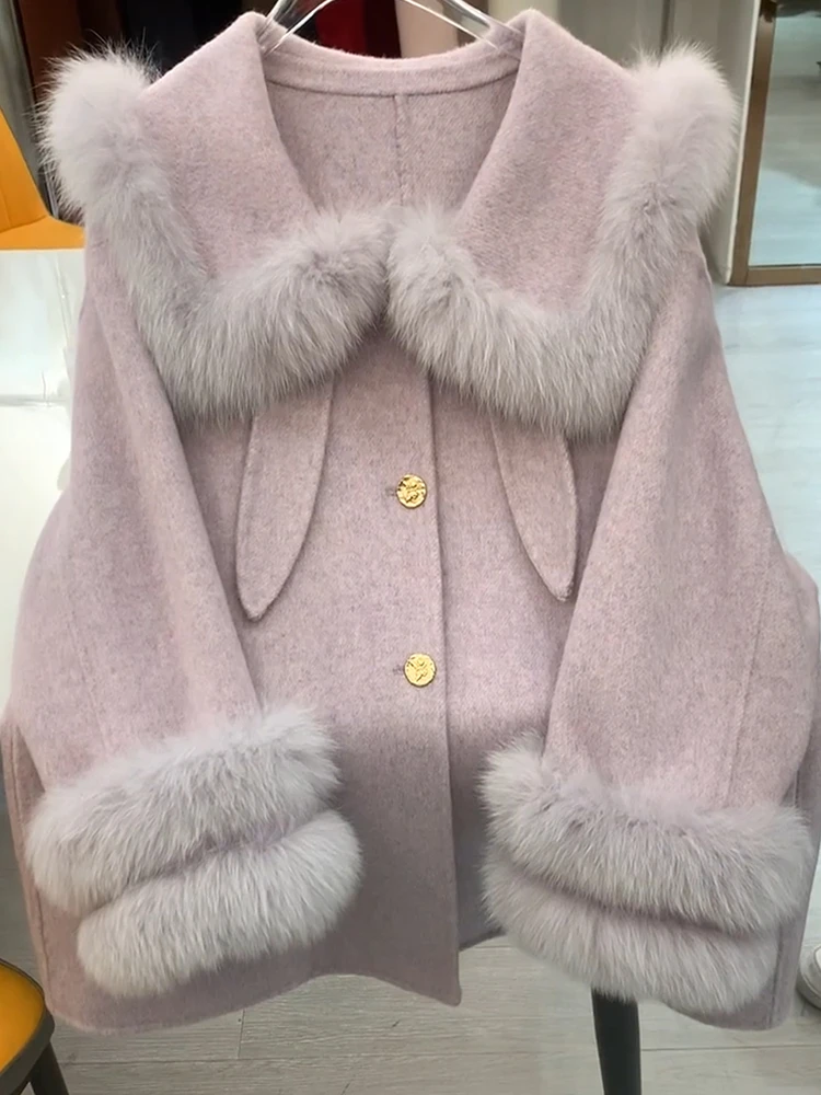 النمط الياباني لطيف فتاة الراقية على الوجهين معطف صوف الكشمير 2025 جديد كلية نمط الحلو دمية يشعر سترة صوفية دافئة #2