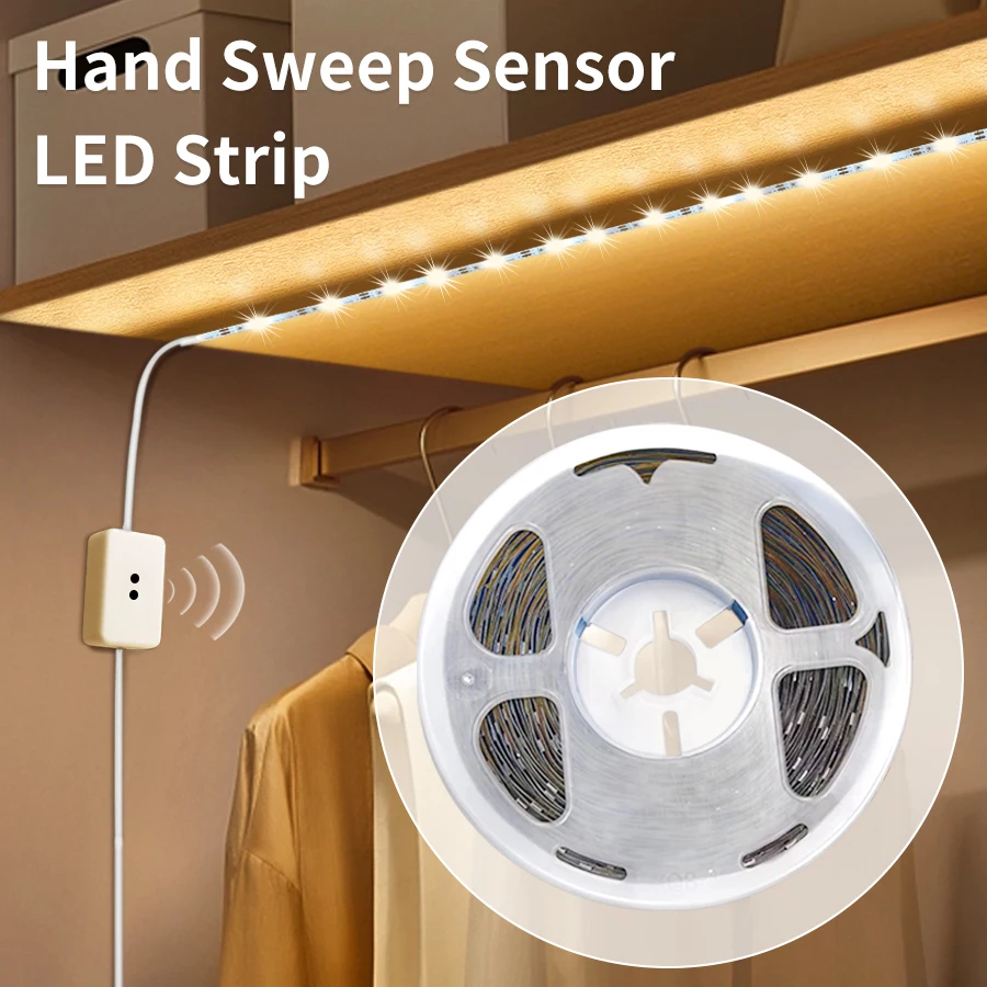 Lampu kabinet LED sapu tangan 1m-10m 5V lampu Strip LED dengan saklar Sensor Pindai tangan untuk kamar tidur lemari kabinet dapur tangga