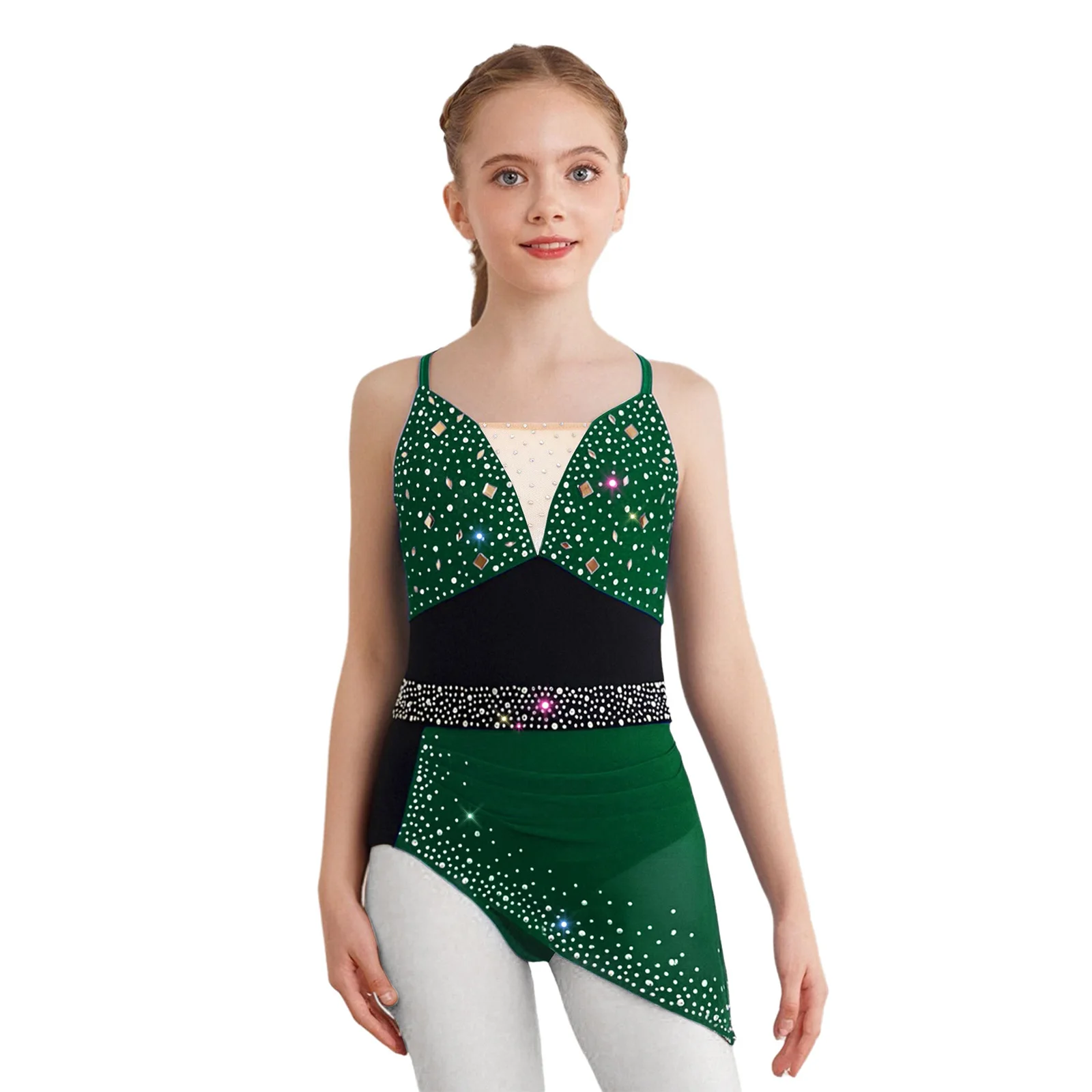 

Kids Girls Modern Lyrical Dance Leotard Dress Figure Skating Costume Spaghetti Straps Rhinestones Asymmetrical Mesh Hem Dresses