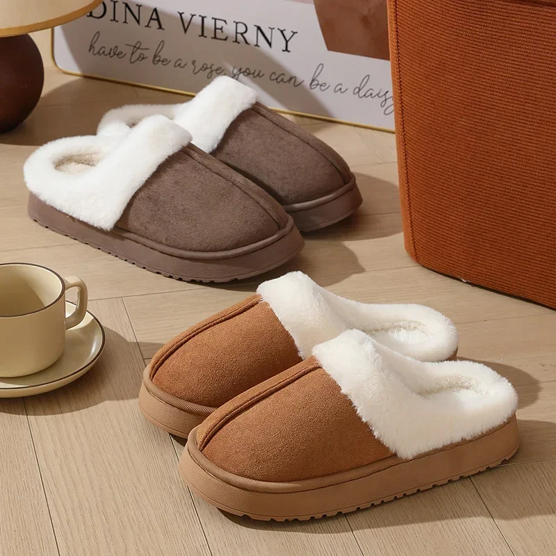 

Women's plush slippers winter outdoor, thick sole non-slip fur flip flops with fur collar, warm unisex house shoes for home use