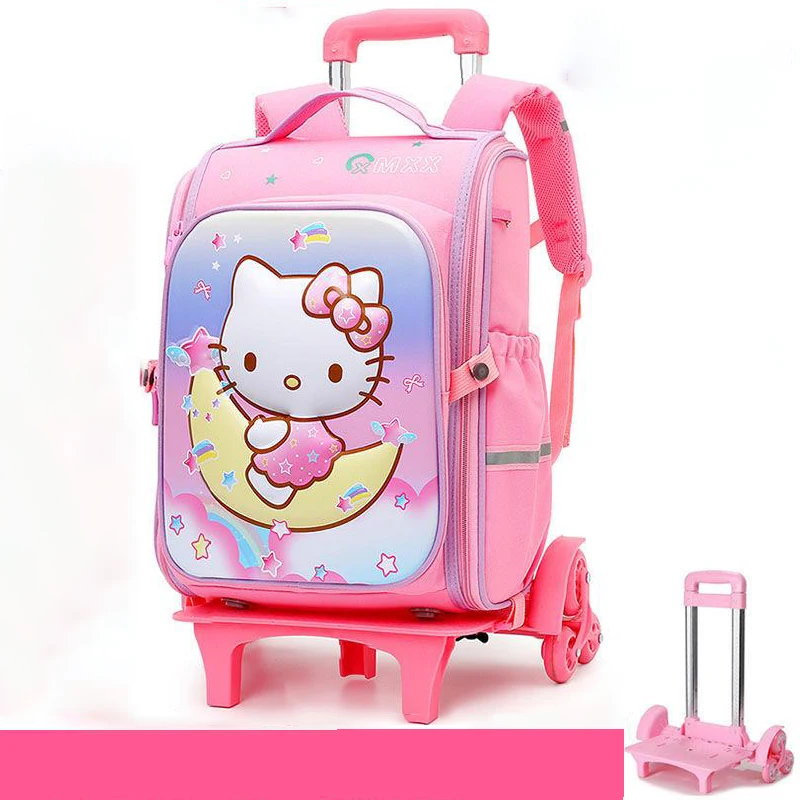 2024 Miniso Kawaii Student Six-Wheel Trolley Schoolbag Hello Kitty Cartoon Water Proof Climb Stairs Bag School Starts Gift Kit