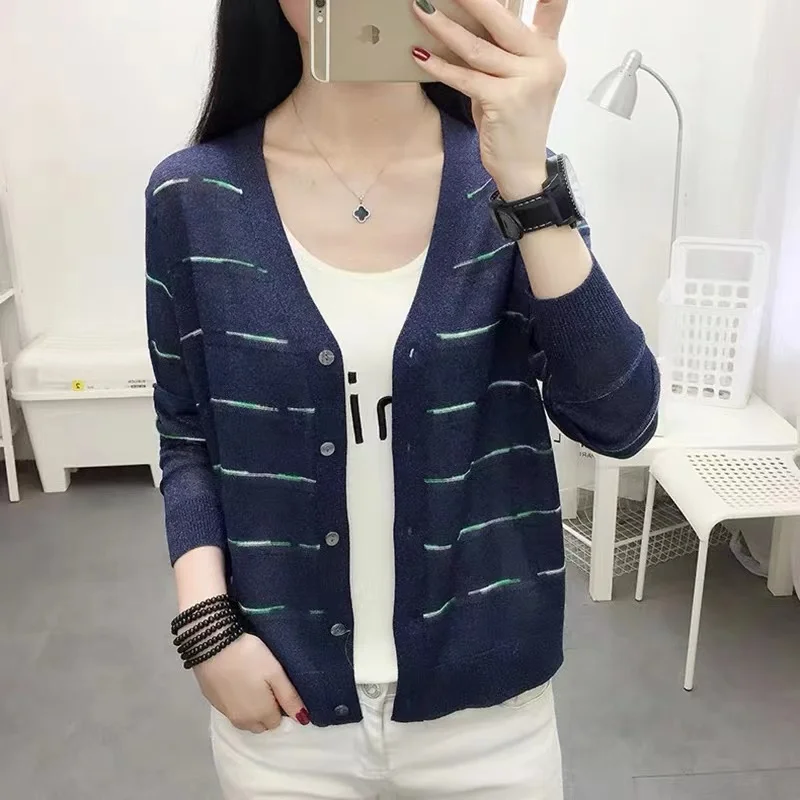 Spring Autumn Sweater Female V-Neck Stripe Knitted Long Sleeve Casual Loose Soft Fashion Women Clothing 2023  Button Cardigan