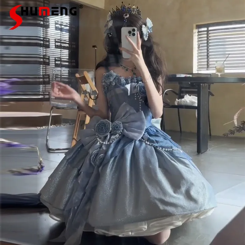 

Lolita Blue Dresses for Women New Summer Short Ball Gown Lady Sweet Elegant Cute Bow Rose Pearl Chain Evening Dress Vestidos