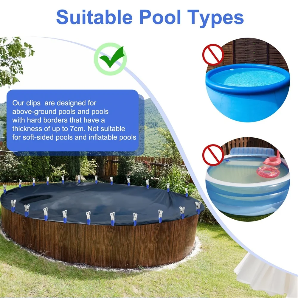 6pcs/Set Pool Cover Clips Stainless Steel Wind Guard Clamps with Blue Plastic Handles Windproof Clips for Above Ground Pool Cove