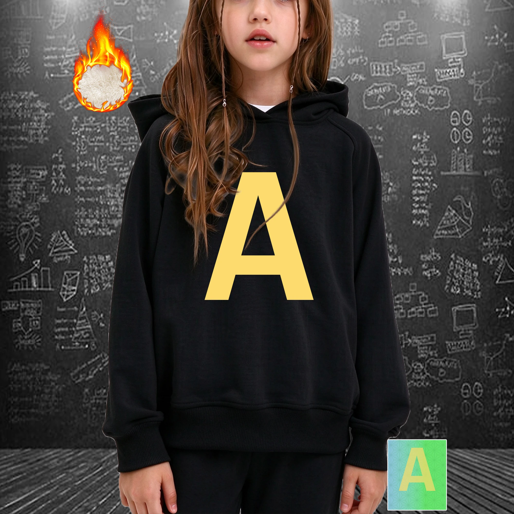 Girls Hoodies Sweatshirts Fleece Preppy Bold Letter A Printed Monogram Initial Children Clothing Fall Winter Casual Daily Wear