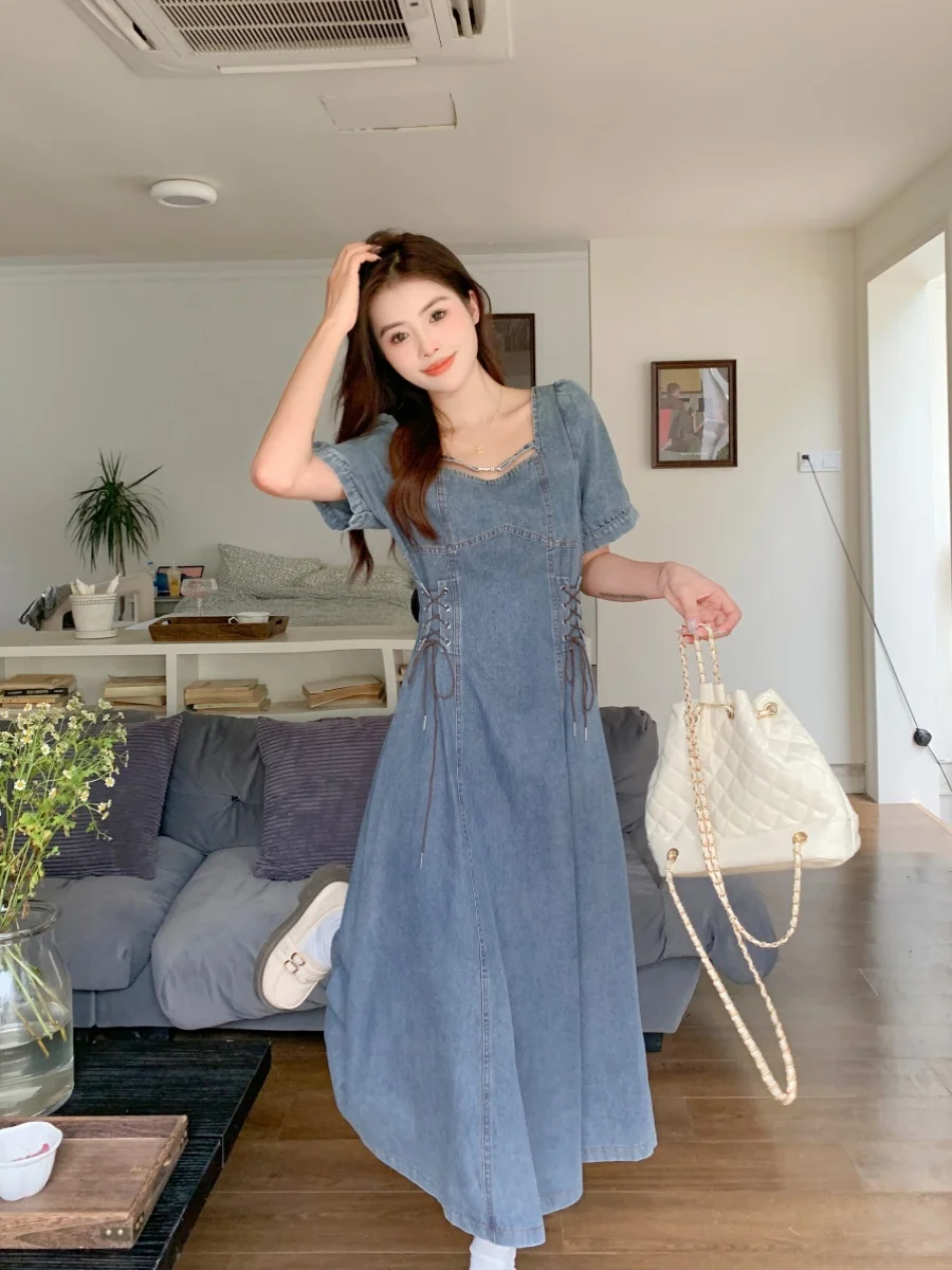 エレガントな薄いデニム半袖ドレス女性の夏大きいサイズ脂肪 MM ウエストシンチ腹カバーロングスクエアカラースカート