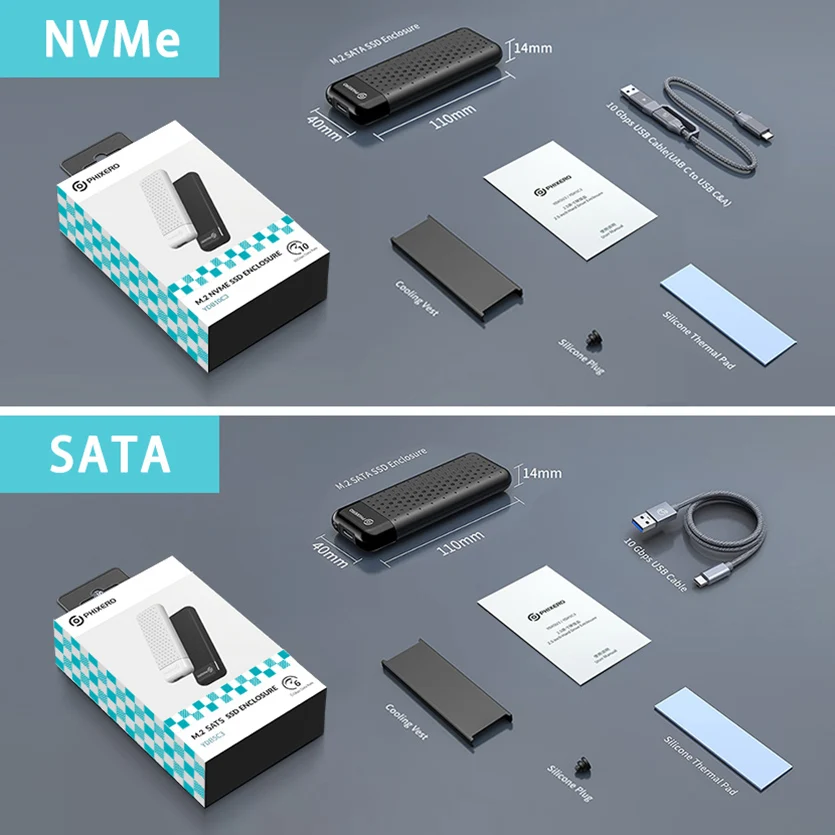 PHIXERO M.2 NVME SSD Enclosure NGFF SATA custodia esterna M2 USB 3.1 tipo C 6Gbps 10Gbps B/M Key HD Storage Box House per PC Laptop