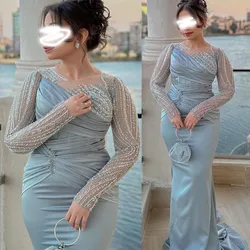 2024 Saudi Arabic Dubai Silver Mermaid Prom Dresses Satin Beaded Evening Dresses Fashion Elegant Party Dress For Women