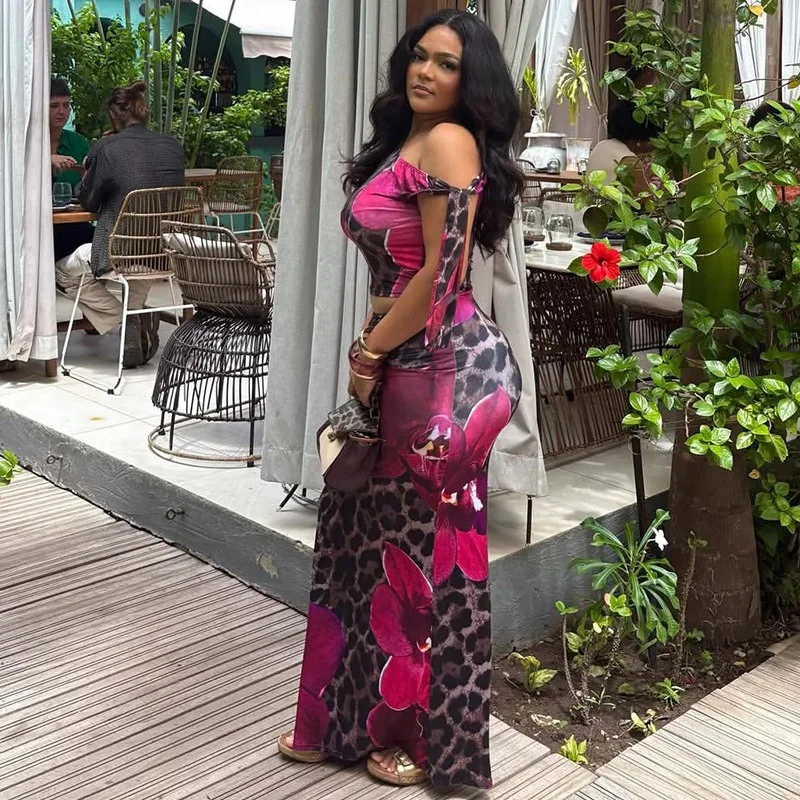 Women's Leopard Floral Print Lace-up One-Shoulder Diagonal Collar Sleeveless Crop Tops & Hips Wrapped Long Skirt, Sexy, 2pcs Set