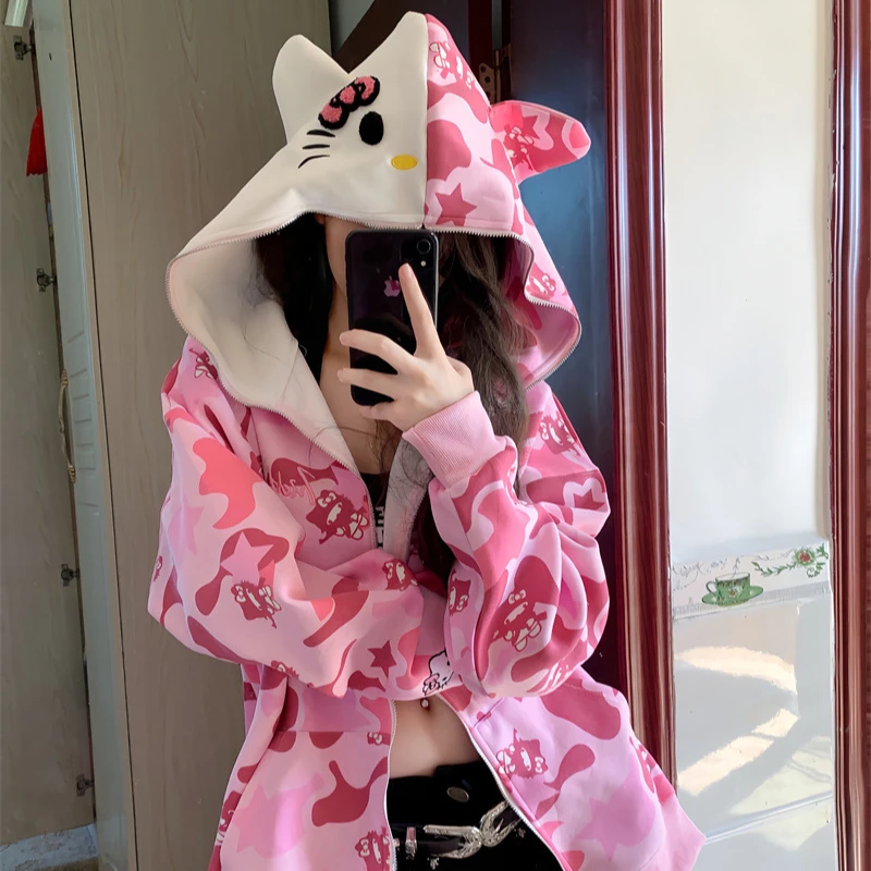 Kawaii Hello Kitty Women Zip Up Hoodie Cute Sanrio Cartoon Casual Sweatshirt Y2K Women Sweatshirt Hoodie Autumn Winter Clothes