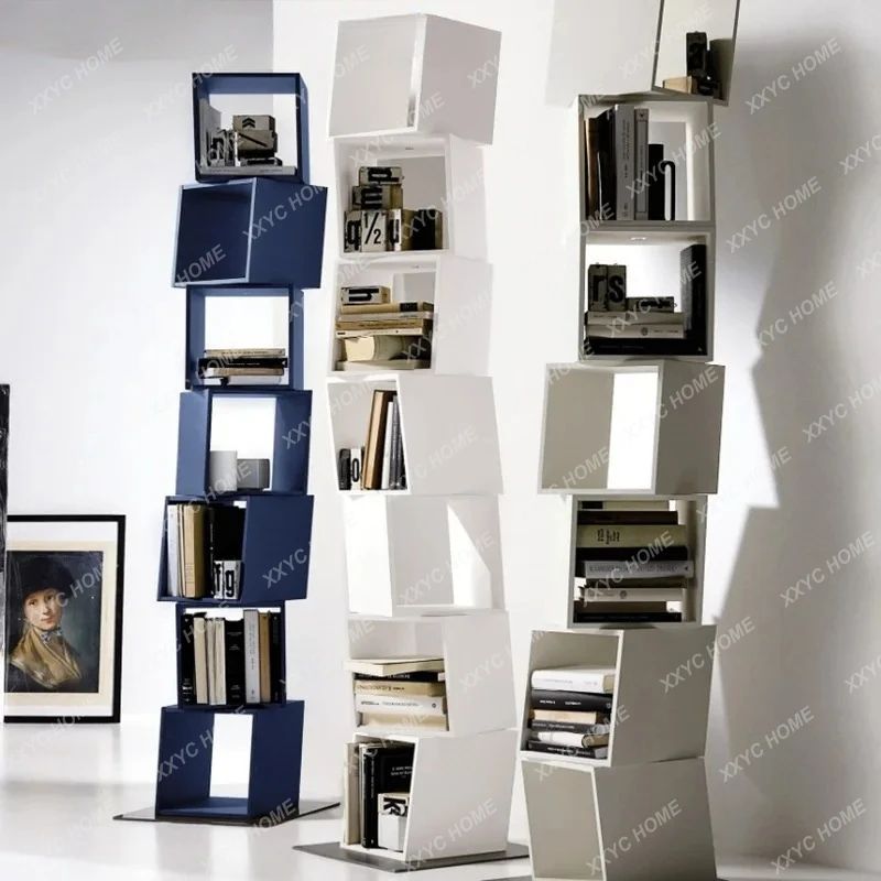 

Книжный шкаф-стеллаж от пола до потолка с вращающимися полками, в стиле пианино-лак, современный минималистичный дизайн.