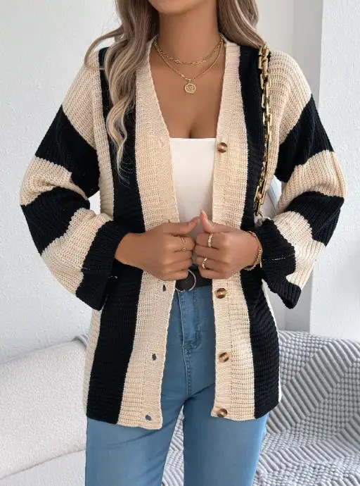 

2025 Autumn/Winter New Comparison Stripe Horn Sleeve Cardigan Sweater Medium Long Jacket Women's Clothing