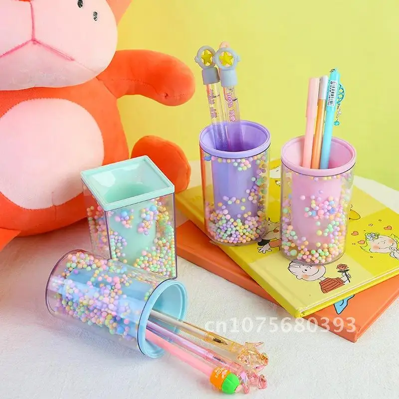 

Capacity Large Desktop Creative Squar Shape Pencil Case Cute Foam Ball Style Transparent Pen Holder Decoration Storage