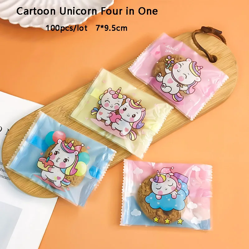 AQ Colorful Cartoon Little Unicorn 4in1 Baby Birthday Party Sweet Gift Candy Rainbow Cake Flower Decor DIY Cookies Packaging Bag