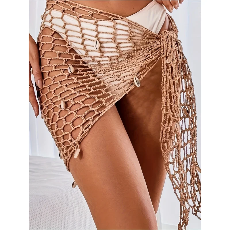 MOXDO Cover-Up Skirt: Hand-Crocheted Mesh, Sexy Vacation Style, Beach, Shells, Sheer, Beach, Pool, Seaside