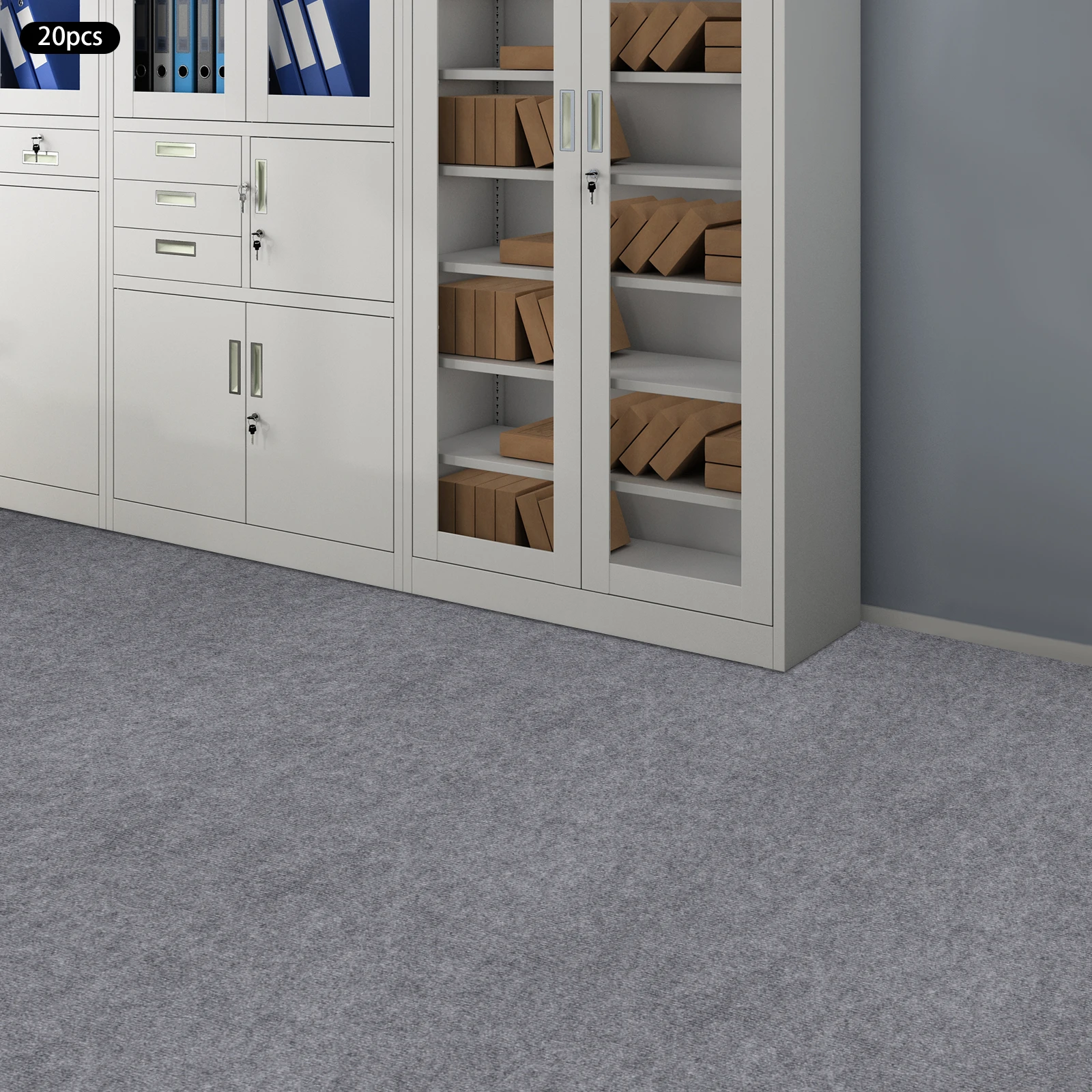 20 stuks 60x60cm polyester vierkant tapijt, lichtgrijs gestreept zelfklevend 4 mm tapijt op de vloer gemonteerd voor restaurants, familiekamers