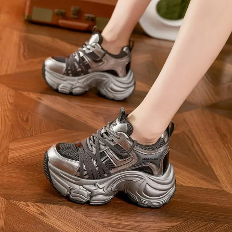 

New 9CM European Products Popular Thick-soled Women Increase Height Sneakers 2026 Spring Autumn Mesh Casual Sports Dad Shoes