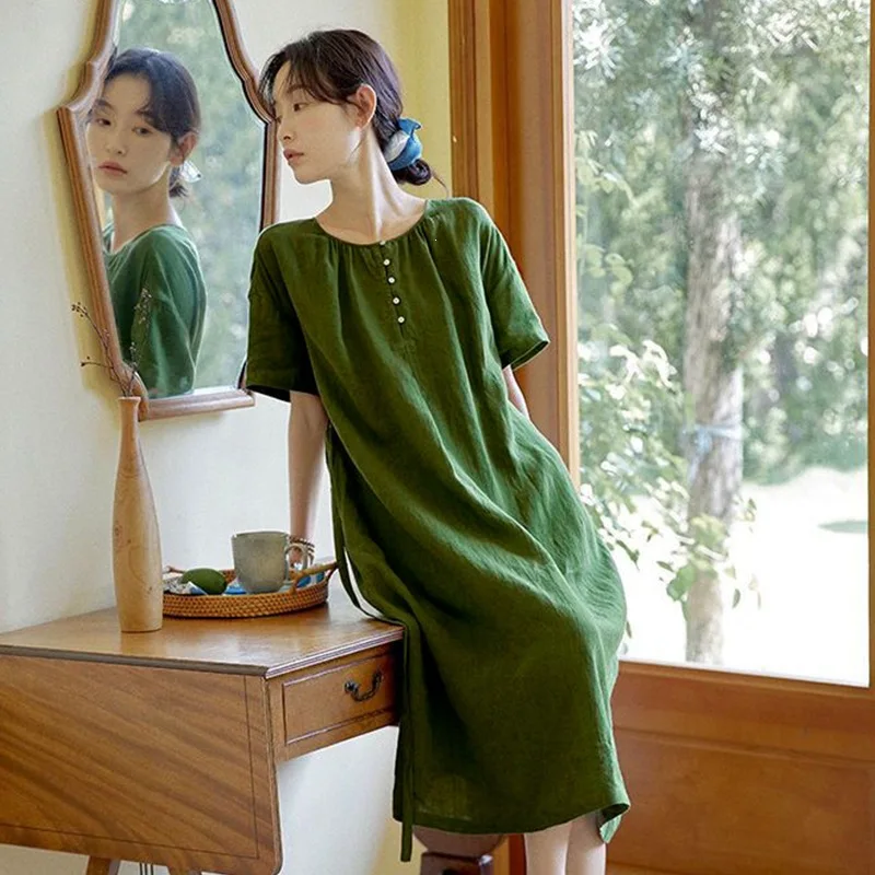 Summer New Style Versatile Mid-Length Cotton Linen Dress with Pocket Design And Belt Short Sleeve Fresh Green Forest System