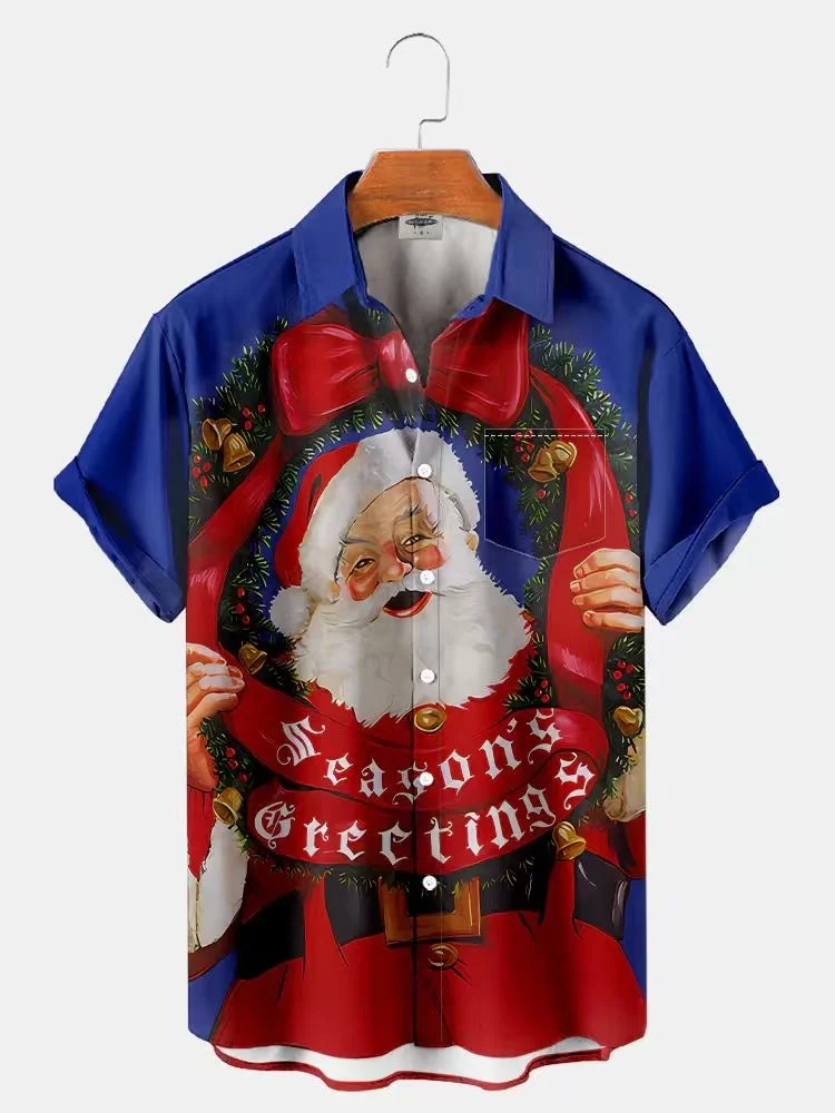 قميص هاواي صيفي بنمط عيد الميلاد للرجال لعام 2026، قميص سانتا كلوز أنيق للجنسين، قميص بأكمام قصيرة، قميص ريترو للعطلات #5