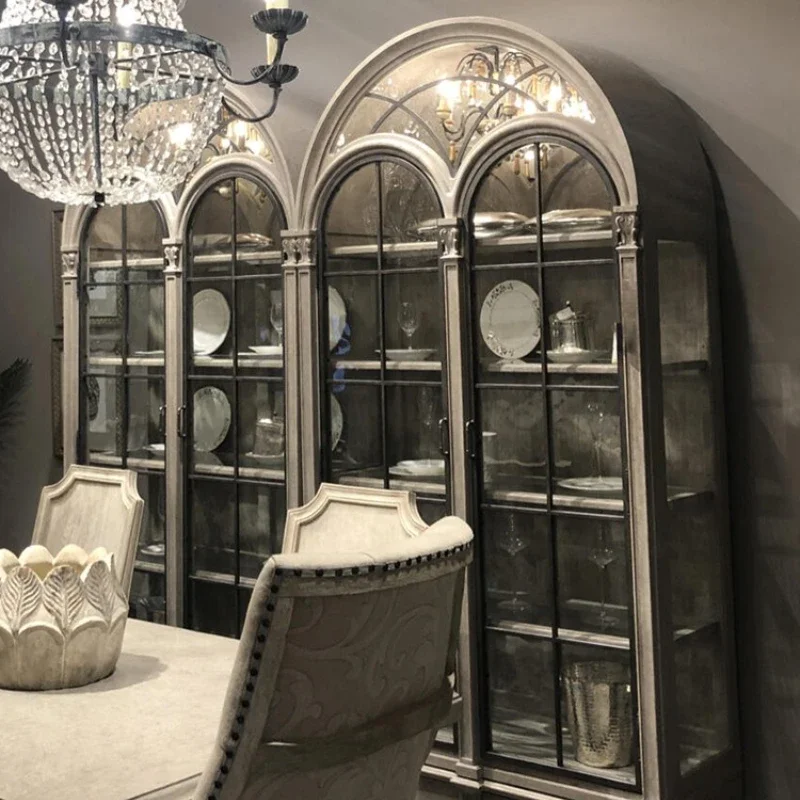 

Fuxing arched wine cabinet French solid wood retro old semi-circular glass door high-end side cabinet