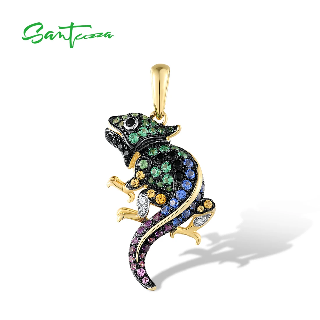 

SANTUZZA Genuine 925 Sterling Silver Pendant for Women Sparkling Colorful Gems Lovely Chameleon Animal Elegant Fine Jewelry