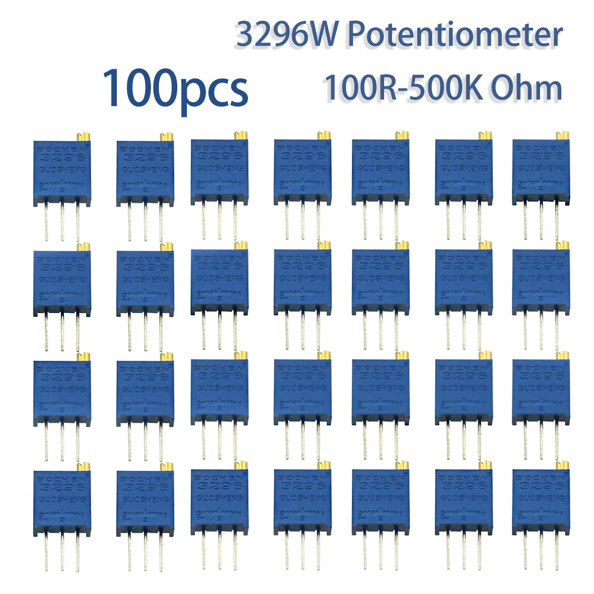 100Pcs 3296W Multiturn Trimmer Potentiometer Kit, 100R 200R 500R 1K 2K 5K 10K 20K 100K 500K Ohm Variable Resistor Assortment Box