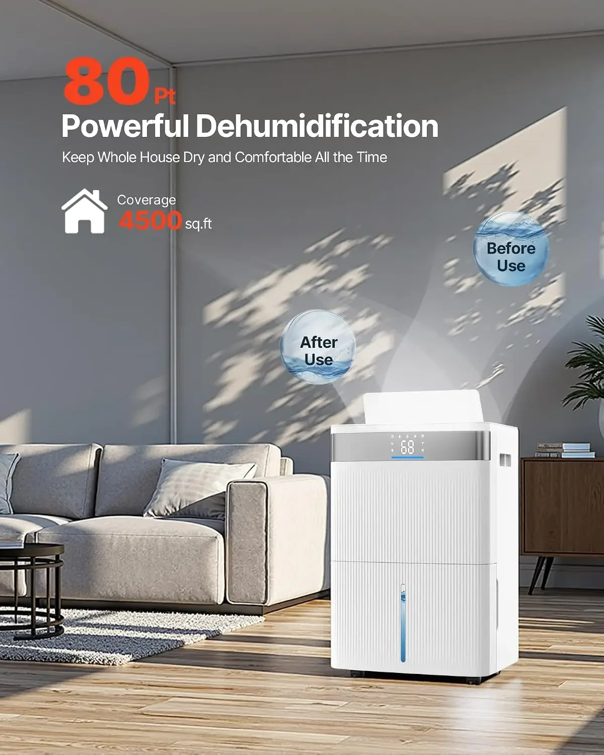 80 Pints Dehumidifier for Home & Basement, 4500 Sq.Ft Large Coverage, Drain Hose for Commercial & Industrial Use, Smart Humidity