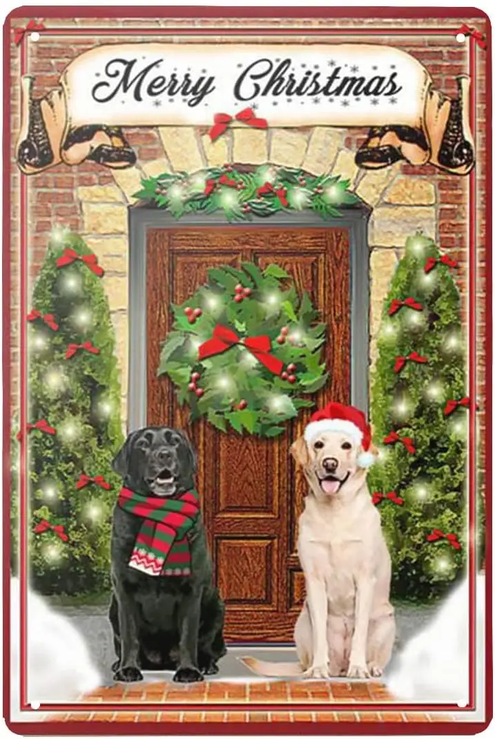 

Merry Christmas with Labrador Retriever Christmas Cute Puppy Tin Sign Retro Metal Tin Sign 12x8 Inch Vintage Decor Holiday Room