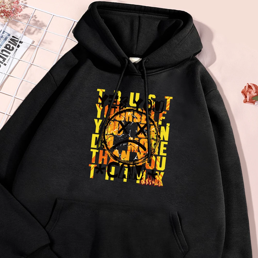 Trust Yourself Letter Smiling Face Print Man Hoodies Warm Fleece Hoodie Soft Comfort Pullover Hip Hop Oversize Hoody Clothing