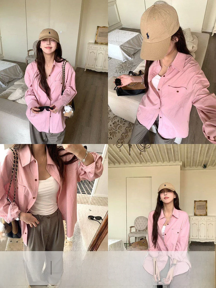 

Linyunyun женский свободный крой, длинный све, повседневный розовый топ на пуговицах, смесь хлопка и полиэстера, осенняя мода