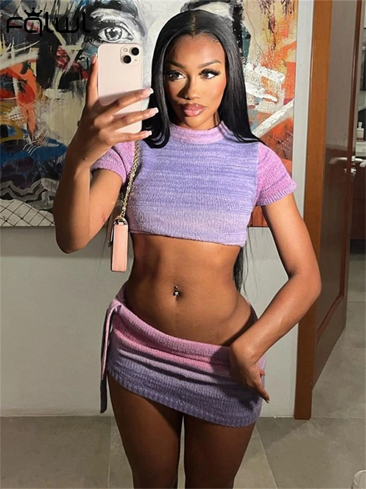 Habbris Summer Purple Gradient Knit 2 Piece Sets Club Outfits Women 2024 Street Short Sleeve Crop Tops And Drawstring Skirt Sets