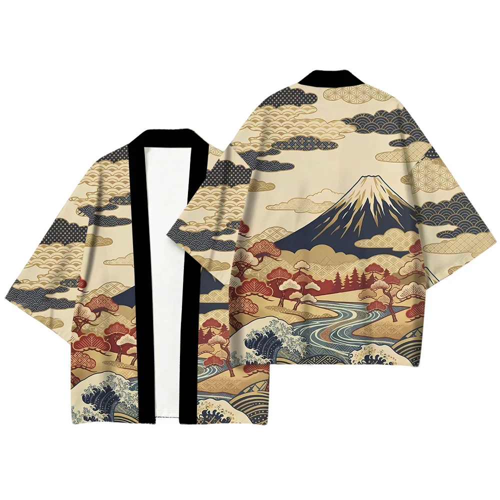 Men Ukiyo-e Shirt Short Sleeve Wave Mountain Sakura Casual Comfortable 3D Printed Novelty Trendy Fashion New Stylish Cardigan