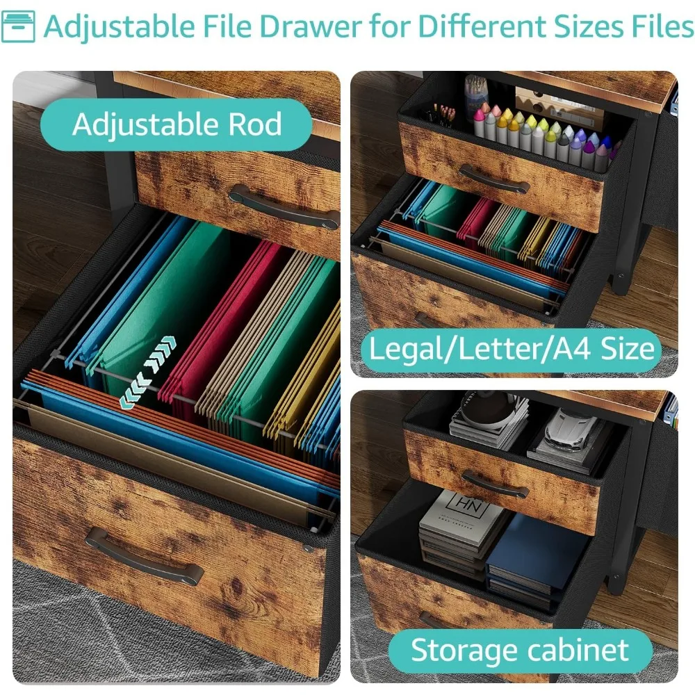 مكتب خزانة ملفات بأدراج قماشية مع حامل طابعة، مكتب مكتب منزلي مقاس 57 بوصة للمساحات الصغيرة