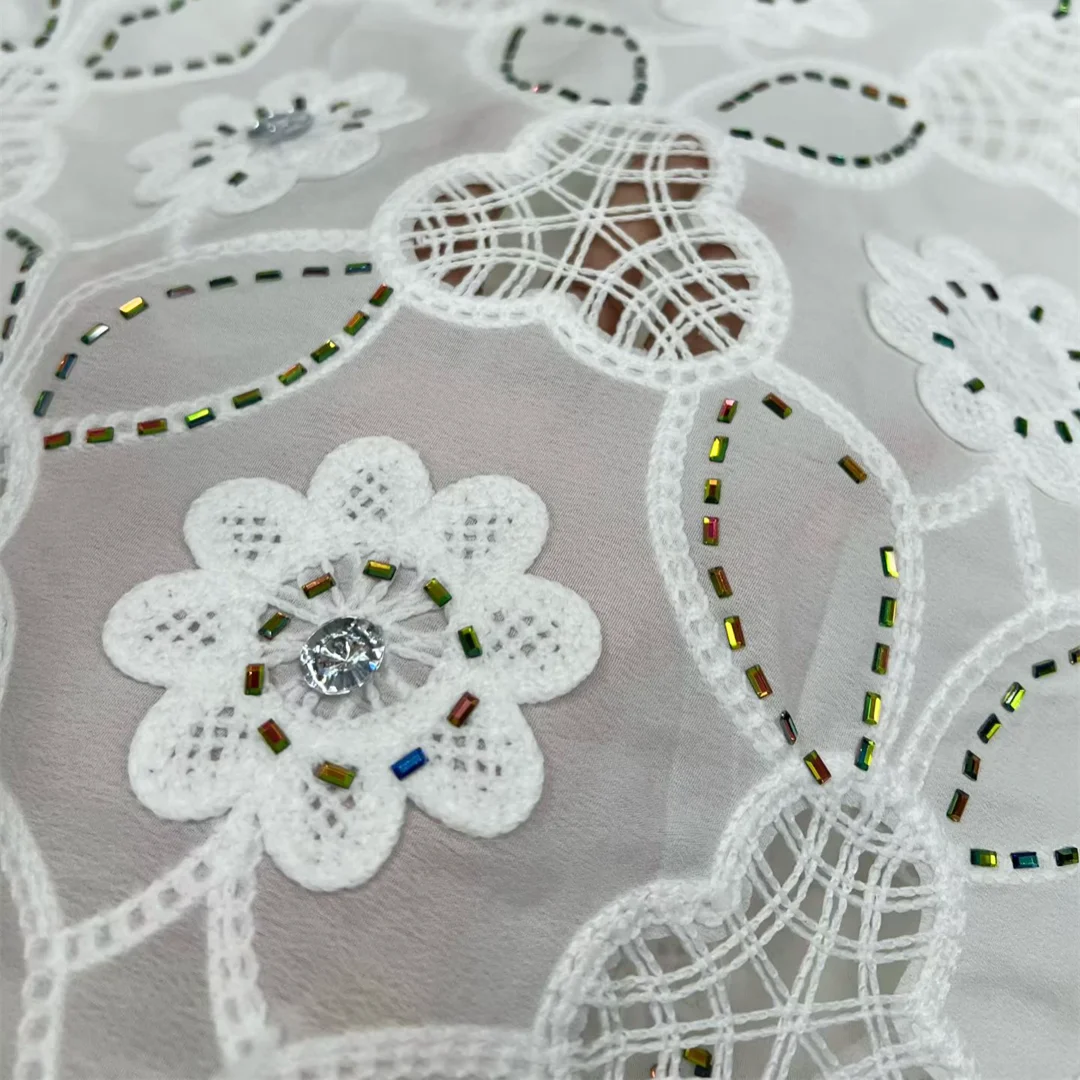 White High Quality African Hollow out Chiffon Guipure Lace Fabric Tulle Embroidery Beaded Rhinestone for Wedding Party Dress