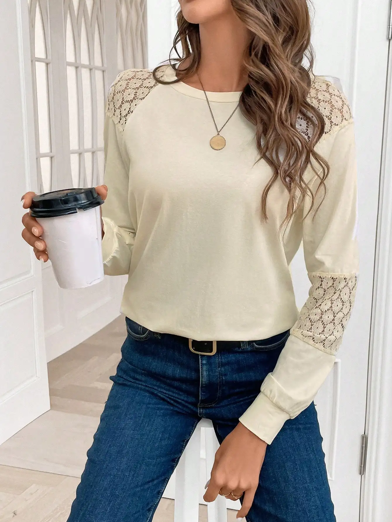 2024 autumn round neck long sleeve T-shirt lace splicing solid color loose inside with casual everything temperament