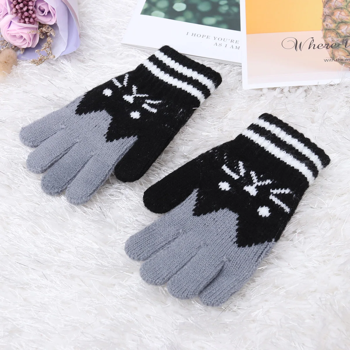 

Winter Warm Knit Gloves For Kids Girls Imitation Wool Stretchy Soft Touch Comfortable Outdoor Snow Camping Play
